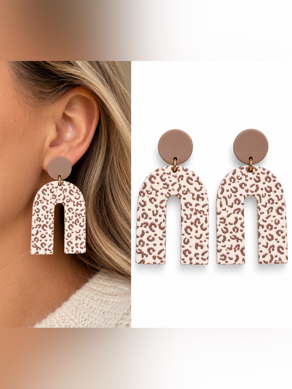 Boho Leopard Print Arch Dangle Earrings Neutral Brown Cream Statement